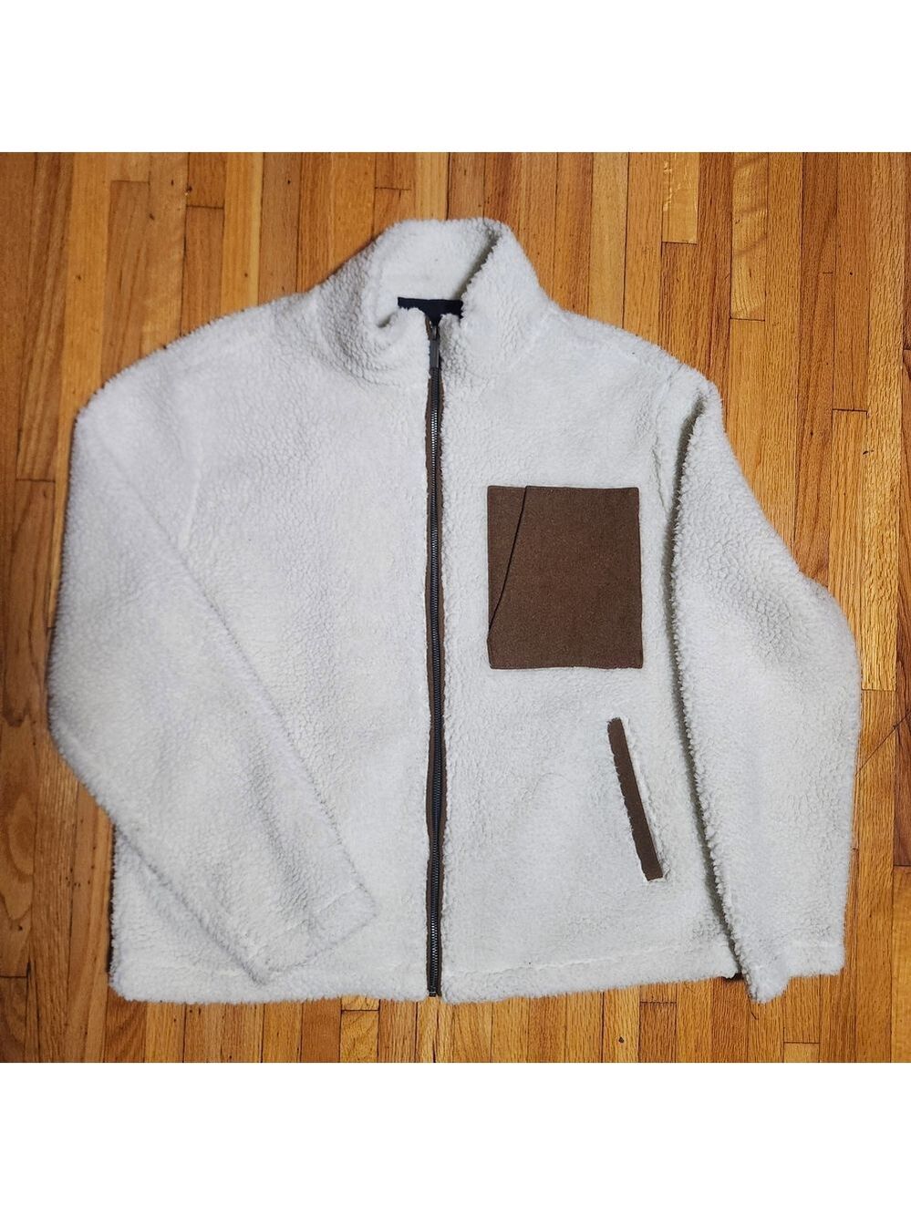 NATIVE YOUTH White Zip-Up Fleece Sweater with Brown Accents